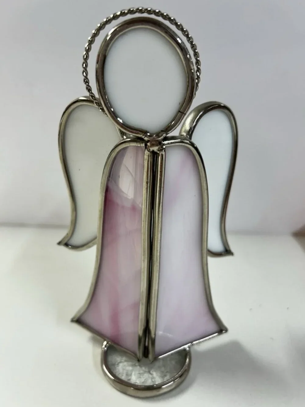 Vintage Stained Glass Angel Suncatcher Figurine Pink White Standing Holiday